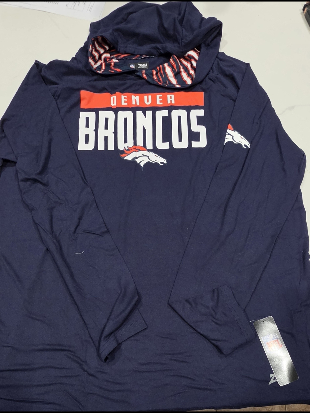 NFL Denver Broncos Navy Blue and Orange Hooded Shirt